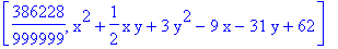 [386228/999999, x^2+1/2*x*y+3*y^2-9*x-31*y+62]